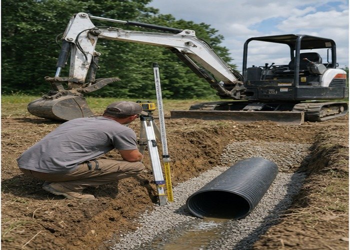 Operator checking culvert bedding and pipe invert with a level beside a mini excavator Operator checking culvert bedding and pipe invert with a level beside a mini excavator