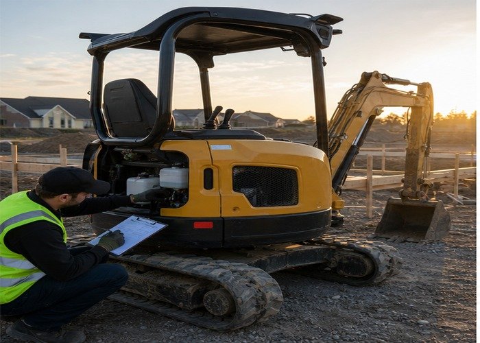 Operator checking fluids tracks bucket teeth and a clipboard during mini excavator daily inspection