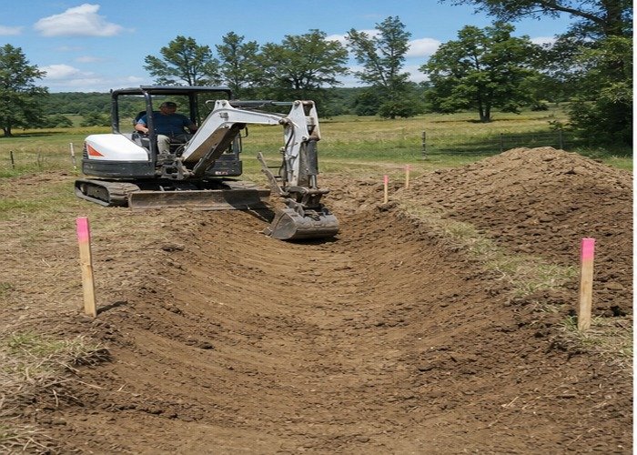 Mini excavator shaping a shallow drainage swale between marked grade stakes