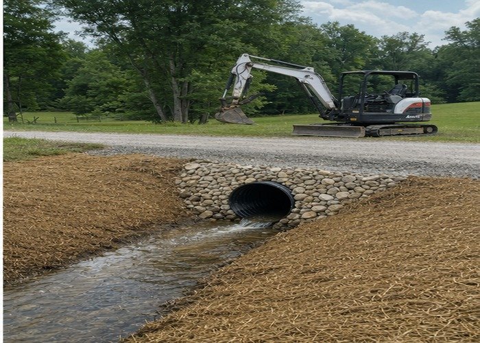 Completed small culvert crossing with flowing drainage swale and mini excavator parked nearby Completed small culvert crossing with flowing drainage swale and mini excavator parked nearby