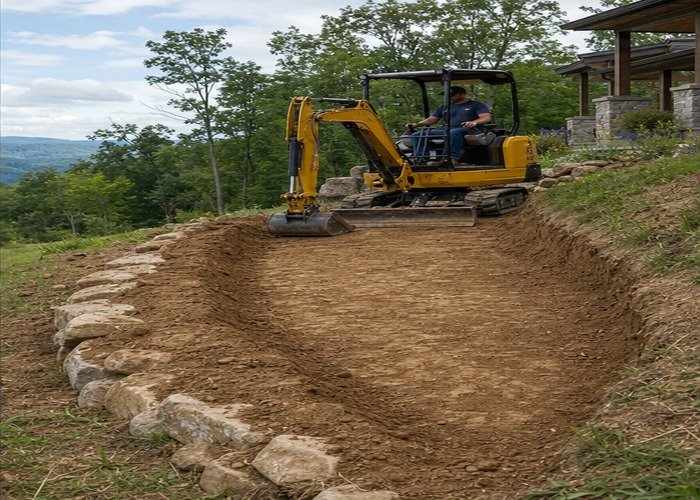 Completed shallow slope bench with mini excavator parked beside a clear work area Completed shallow slope bench with mini excavator parked beside a clear work area