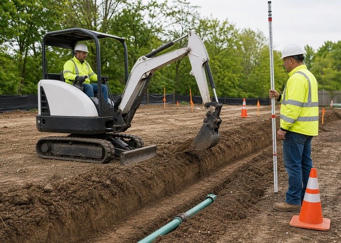 Mini excavator trenching with safe grade checking Mini excavator trenching while a worker stands outside the marked work zone with a grade rod