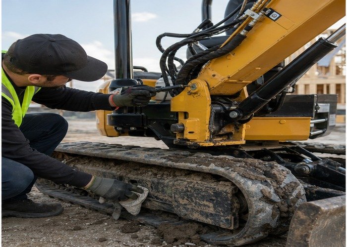 Close inspection of mini excavator grease points hydraulic hoses pins and muddy undercarriage Close inspection of mini excavator grease points hydraulic hoses pins and muddy undercarriage