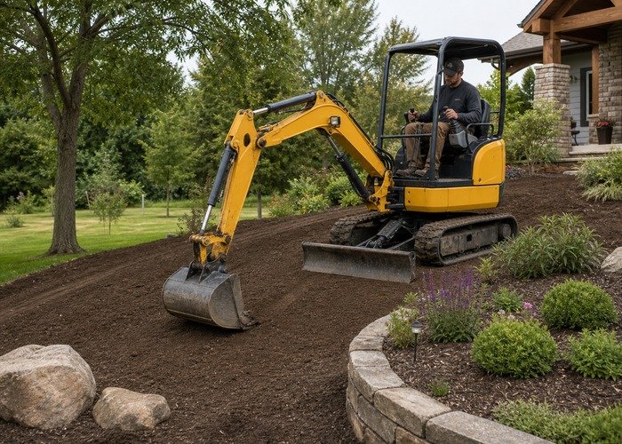 Mini excavator shaping a garden slope with a grading bucket after excavation
