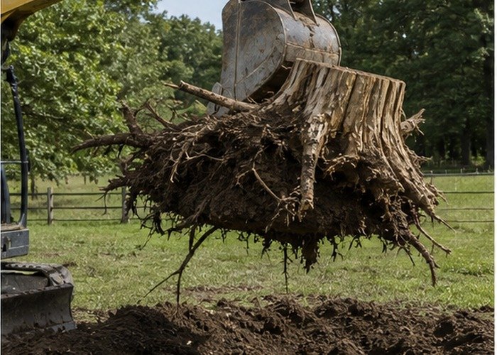 Mini excavator bucket lifting a loosened stump with soil attached Mini excavator bucket lifting a loosened stump with soil attached