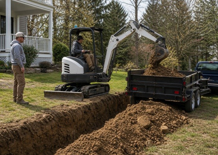 Mini excavator loading spoil into a small dump trailer from level ground