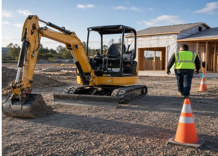 Mini excavator parked safely after pre-start checks with cones marking the work zone Mini excavator parked safely after pre-start checks with cones marking the work zone