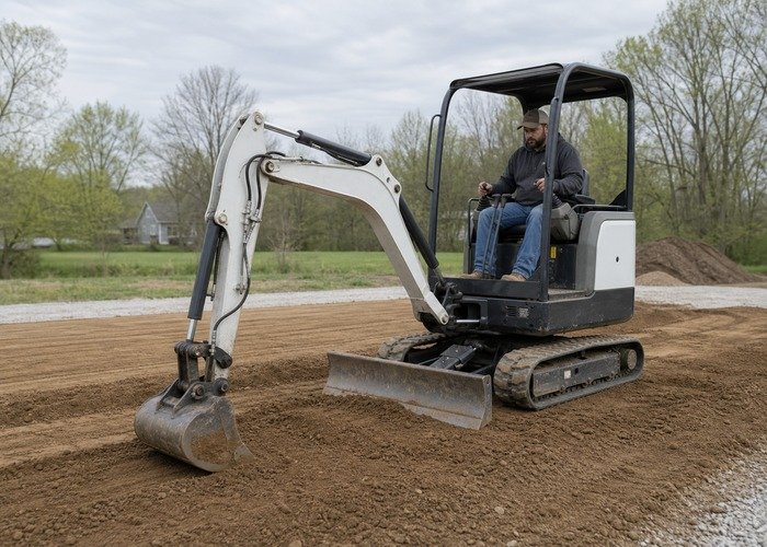 Mini excavator practicing smooth grading with bucket and blade on a prepared dirt lot