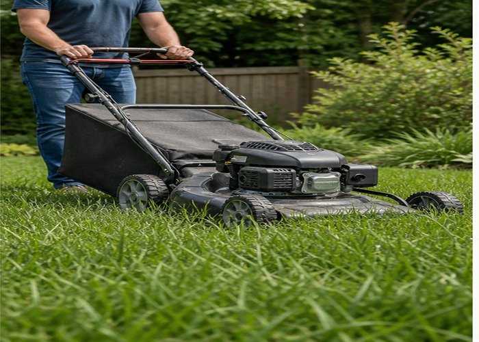 Walk-behind lawn mower with rear bag collecting heavy clippings after tall growth Walk-behind lawn mower with rear bag collecting heavy clippings after tall growth