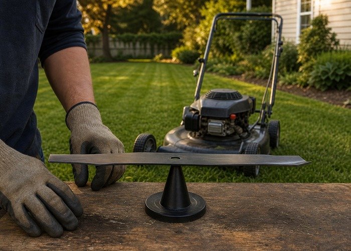 Balanced mower blade ready for reinstallation Freshly sharpened mower blade sitting level on a cone balancer before reinstallation