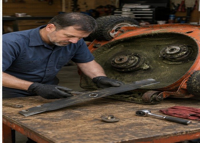 Mechanic inspecting and servicing a lawn mower blade beside the mower deck Mechanic inspecting and servicing a lawn mower blade beside the mower deck