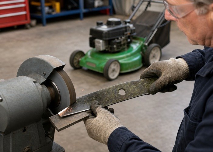Sharpening a removed lawn mower blade on a bench grinder Operator sharpening a removed walk-behind mower blade evenly on a bench grinder