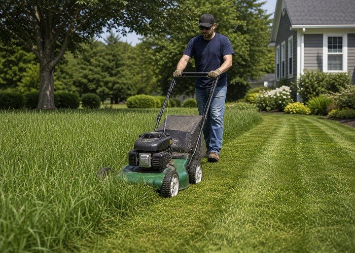 Clean lawn mower pass at a higher cutting height Lawn mower making a clean pass through taller grass with even discharge
