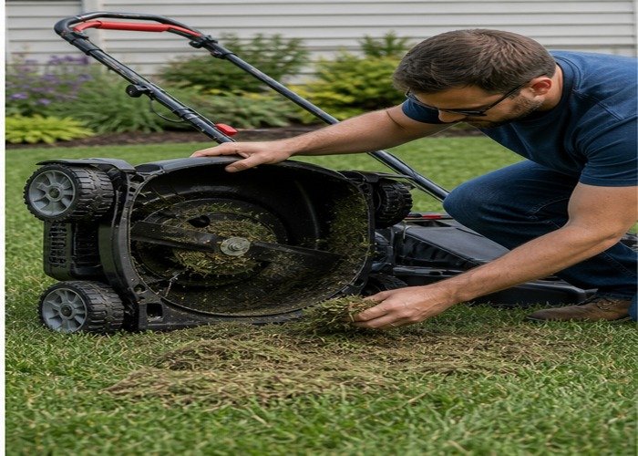 Homeowner checking mower deck discharge and spreading small clump pile after mowing Homeowner checking mower deck discharge and spreading small clump pile after mowing