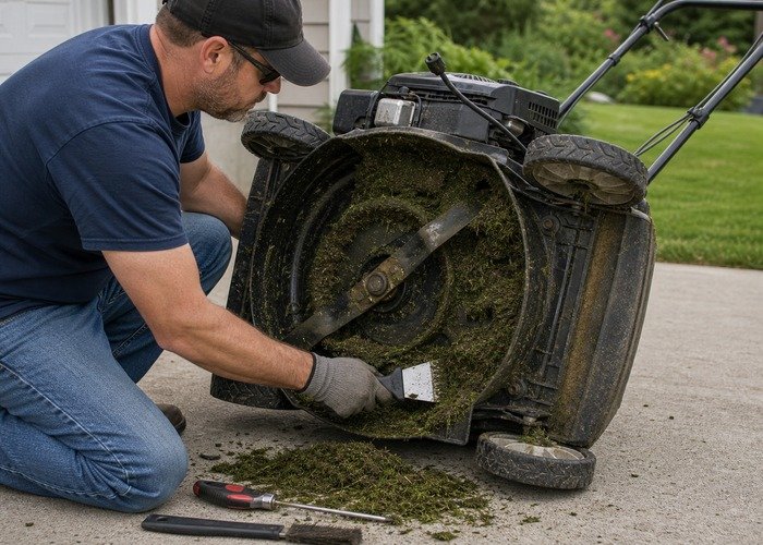Cleaning grass buildup from mower deck Operator cleaning packed grass buildup from under a lawn mower deck after wet mowing