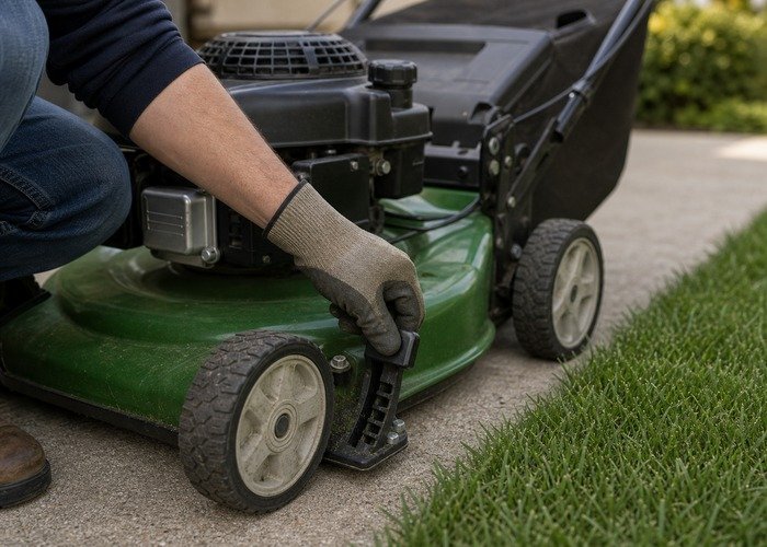 Setting lawn mower deck height before work Operator setting the cutting height lever on a lawn mower deck before mowing