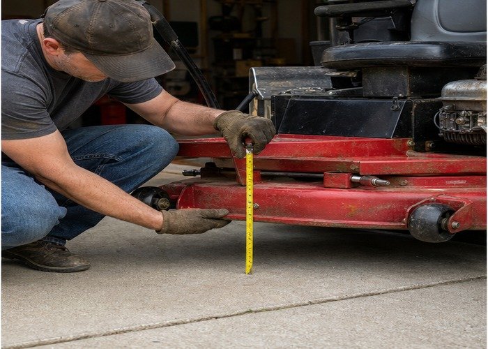 Owner measuring lawn mower deck height on level concrete with a tape measure Owner measuring lawn mower deck height on level concrete with a tape measure