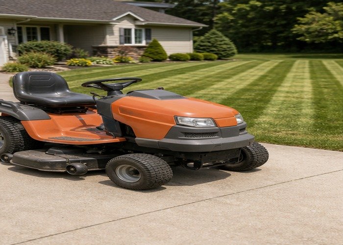 Riding lawn mower parked near lawn with uneven cut stripes visible