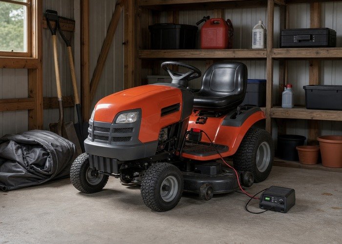 Riding lawn mower stored clean and dry with a battery maintainer connected in a ventilated shed