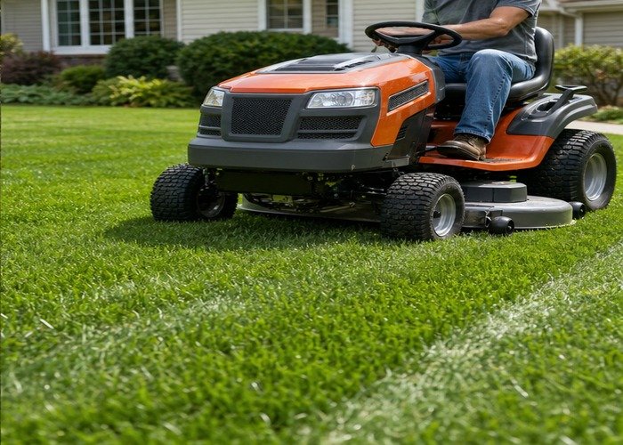 Riding mower cutting an even stripe on healthy grass after tire pressure correction Riding mower cutting an even stripe on healthy grass after tire pressure correction