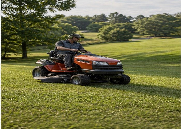 Riding lawn mower cutting a larger open lawn with trees and gentle slope Riding lawn mower cutting a larger open lawn with trees and gentle slope