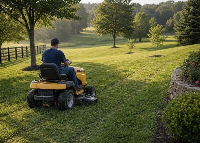 Riding mower route planning on a gentle slope Riding mower following a careful route across a gentle broad lawn slope