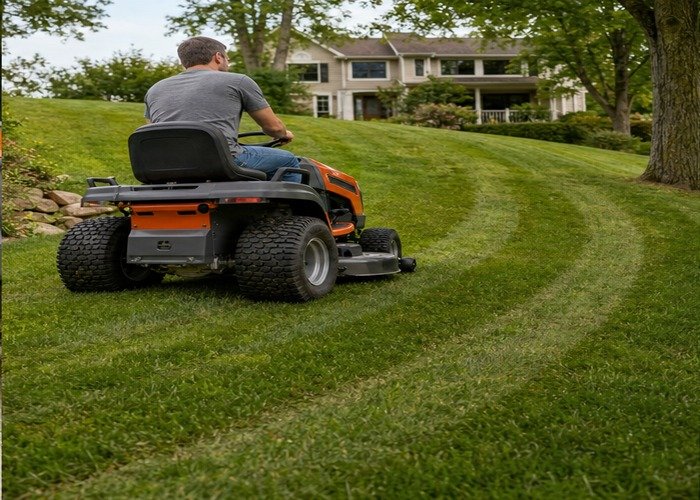 Riding mower turning carefully on a gentle lawn slope with visible grass marks Riding mower turning carefully on a gentle lawn slope with visible grass marks