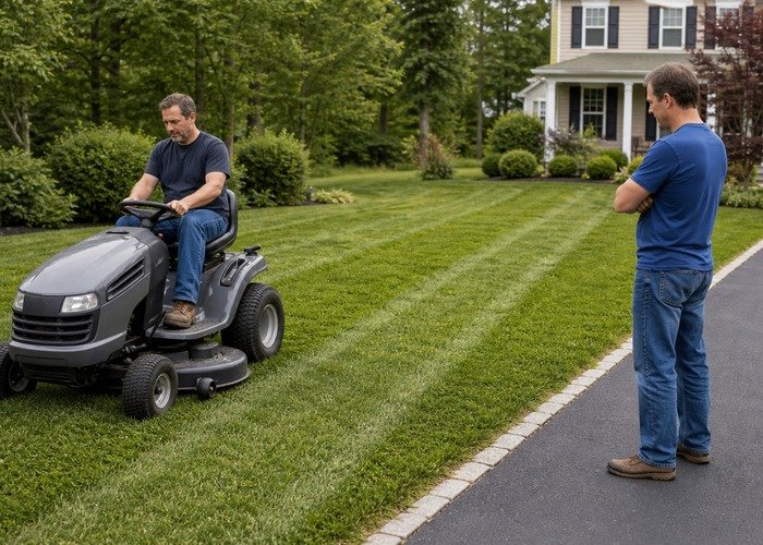 Riding mower making a clean test cut after deck belt replacement with guards installed