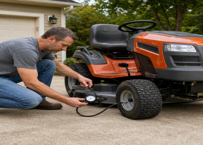 Owner checking riding mower tire pressure with a gauge on a flat driveway