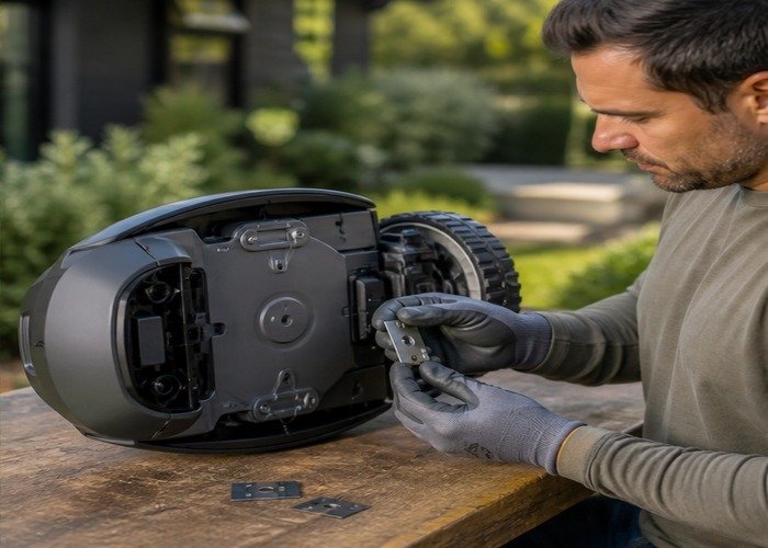 Owner safely checking robot mower blades and charging contacts with the mower powered off