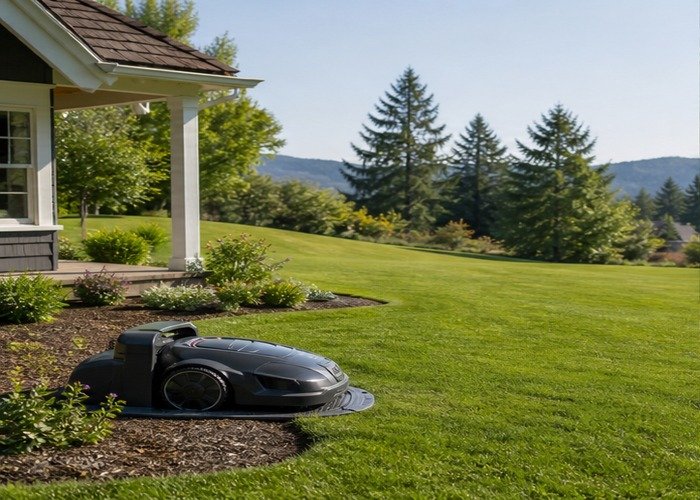 Robot lawn mower docked beside a landscaped suburban lawn with trees and a gentle slope