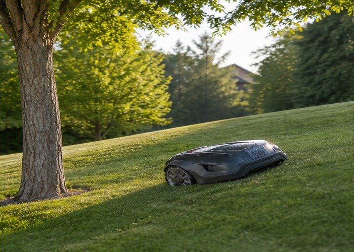 Robot lawn mower navigating a gentle slope with safe clearance from a tree