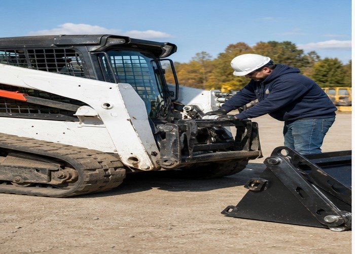 Technician aligning a skid steer quick coupler with an attachment plate in an equipment yard