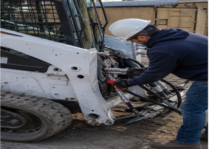 Operator checking skid steer hydraulic hoses and flat face couplers before using an attachment Operator checking skid steer hydraulic hoses and flat face couplers before using an attachment