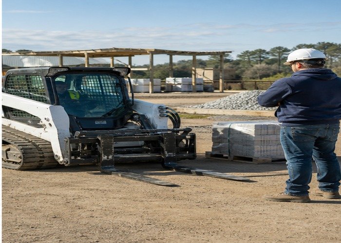 Skid steer with pallet forks kept low while an operator checks load visibility and jobsite clearance Skid steer with pallet forks kept low while an operator checks load visibility and jobsite clearance