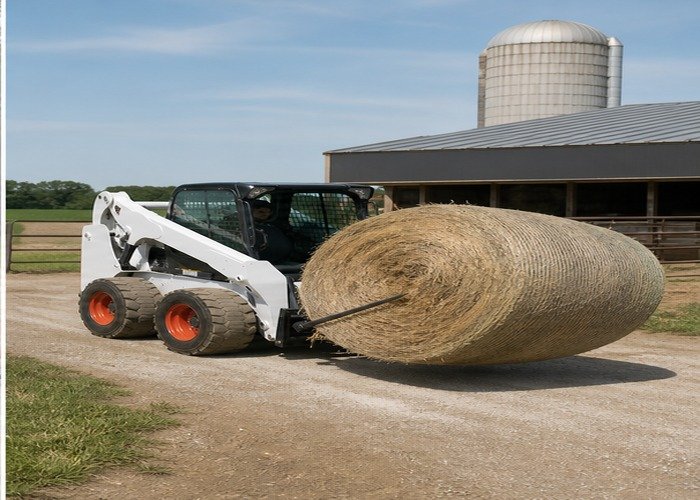 Skid steer transporting one round bale low across a firm barnyard Skid steer transporting one round bale low across a firm barnyard