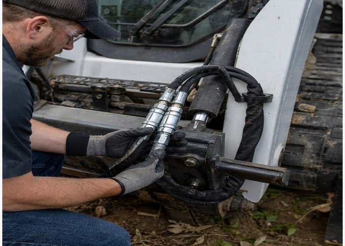 Technician checking skid steer hydraulic couplers and hoses before attachment use Technician checking skid steer hydraulic couplers and hoses before attachment use