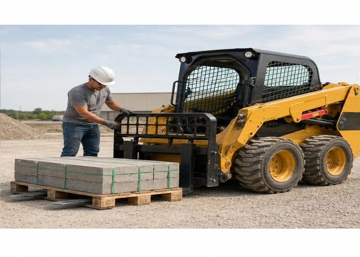 Operator checking fork spacing and load center before lifting a pallet with a skid steer Operator checking fork spacing and load center before lifting a pallet with a skid steer