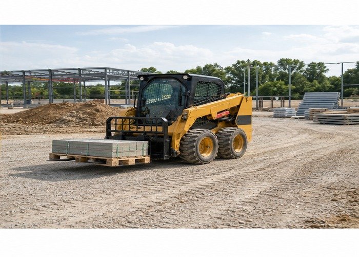 Skid steer traveling with pallet forks low and stable across a gravel jobsite Skid steer traveling with pallet forks low and stable across a gravel jobsite