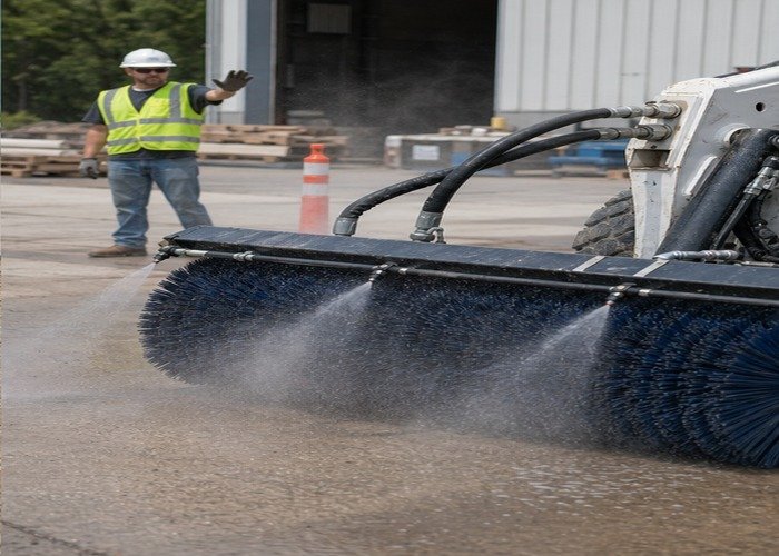 Skid steer rotary broom angled for dust control with water mist and clear work zone Skid steer rotary broom angled for dust control with water mist and clear work zone