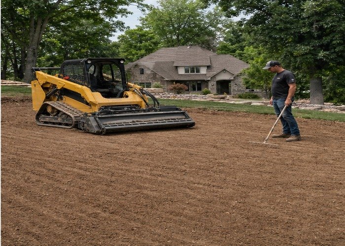 Finished smooth seedbed beside a skid steer soil conditioner attachment Finished smooth seedbed beside a skid steer soil conditioner attachment
