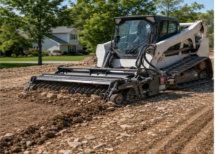 Skid steer power rake windrowing rocks and debris out of a seedbed Skid steer power rake windrowing rocks and debris out of a seedbed