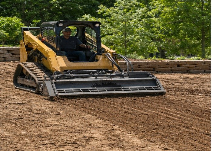 Skid steer soil conditioner preparing compacted topsoil for a new lawn