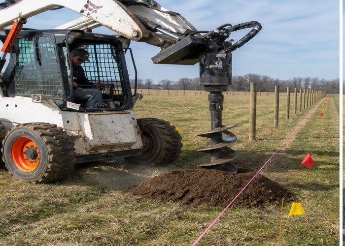 Skid steer drilling a straight post hole on a marked rural fence line