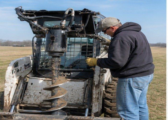 Operator inspecting hydraulic hoses and auger teeth on a stopped skid steer Operator inspecting hydraulic hoses and auger teeth on a stopped skid steer