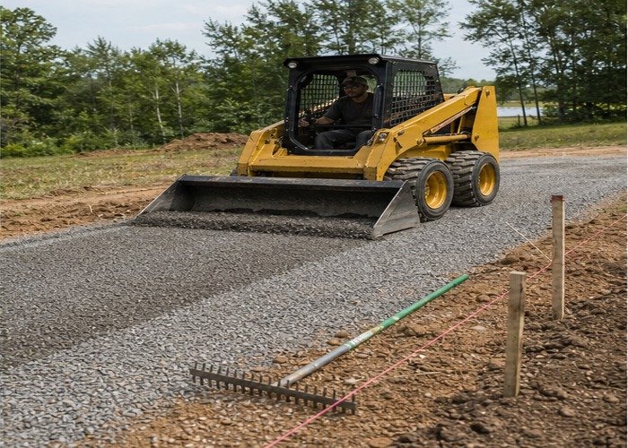 Skid steer back-dragging gravel beside grade stakes and a hand rake Skid steer back-dragging gravel beside grade stakes and a hand rake