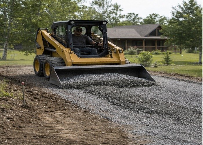 Skid steer bucket spreading gravel base on a rural driveway work pad