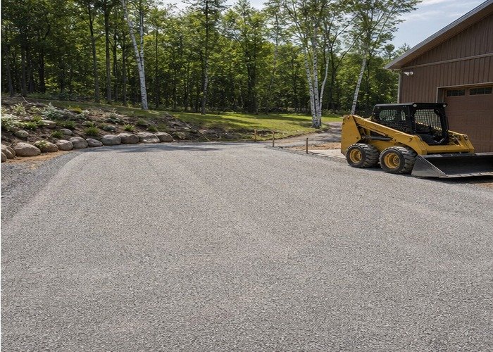 Finished gravel driveway surface with skid steer parked at the edge after grading Finished gravel driveway surface with skid steer parked at the edge after grading