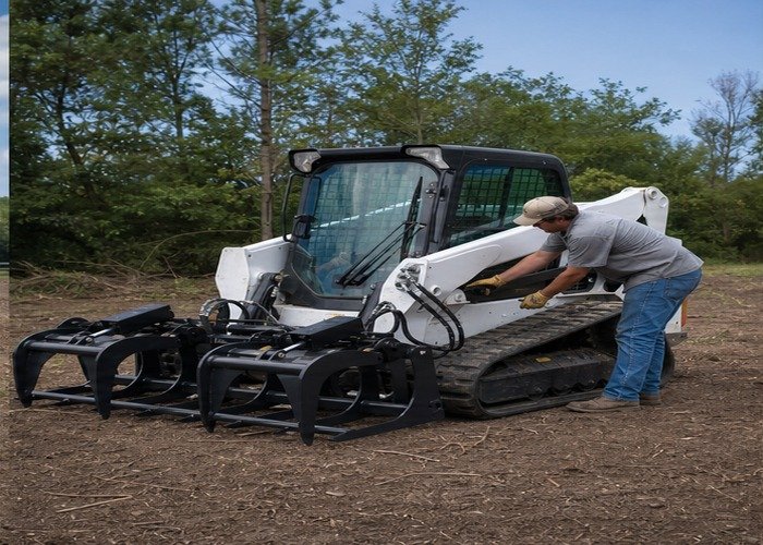 Operator checking grounded root grapple locks and hydraulic hose routing