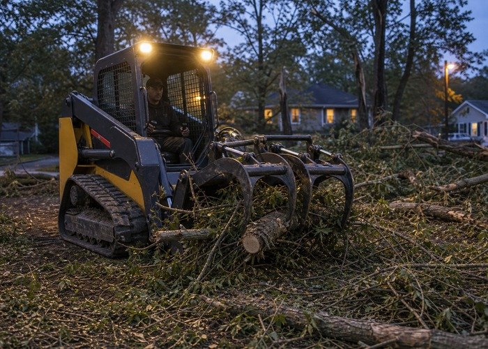 Skid steer grapple clearing storm debris Skid steer using a grapple to clear storm brush from a property path